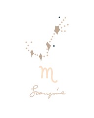 Hand drawn vector abstract stock graphic simple astrology celestial illustration constellation collection modern artistic contemporary print template symbol of zodiac sign Scorpio with stars,isolated.