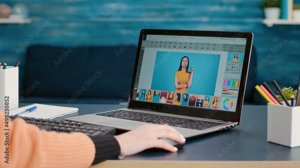 Aufkleber photography student editing picture on retouching software, working on laptop for online design prod