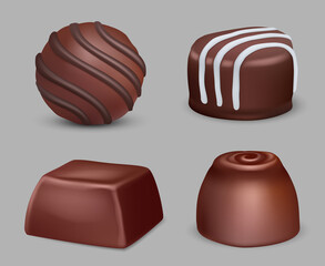 Chocolate candies. Delicious dessert various geometrical sweets with jam bonbons dark truffle decent vector sugar candies in realistic style