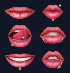 Obraz premium Lips piercing. Tongue metallic decoration lips geometric chrome jewelery decent vector realistic set
