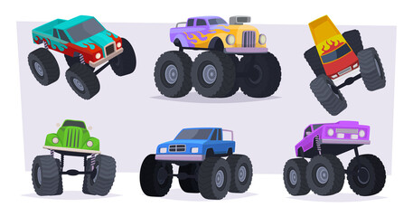 Monster truck. Aggressive style vehicles with big wheels cartoon transport for kids exact vector colored illustrations