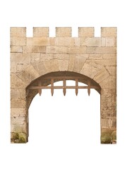 Medieval castle gate made of limestone stone blocks with open wooden lattice isolated on white.