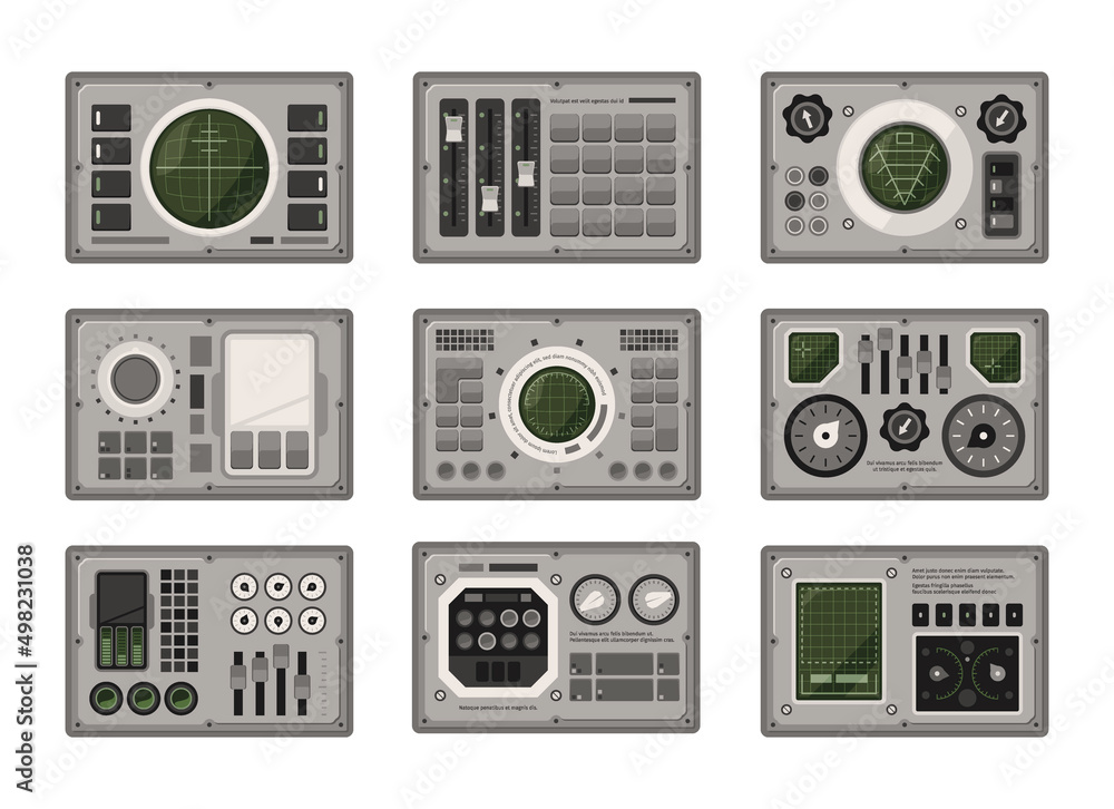 Poster Ui controlling board. Digital dashboard for spaceship controlling displays round volume buttons garish vector interface templates set