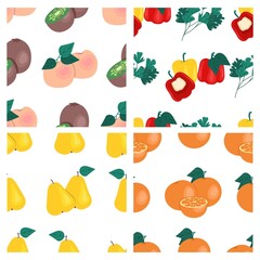 Set of fruits and vegetables seamless patterns. Kiwi, peaches, pears, oranges, bell peppers, parsley, fruit prints. Vector illustration