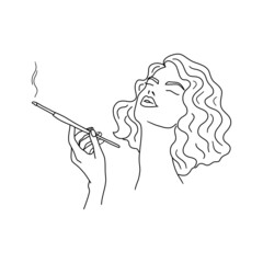 Woman, pretty girl with retro cigarette outline sketch. Vintage smoking lady. Vector illustration.