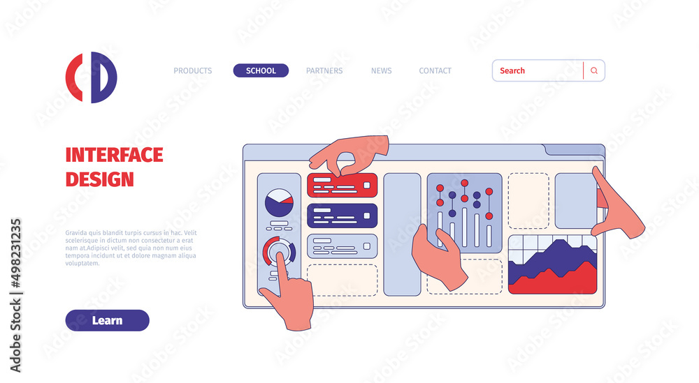 Poster Interface designing landing. Ui building processes hand holding and moving different geometrical shapes and buttons garish vector web page template