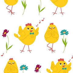 Cute yellow chicks in different poses seamless pattern, birds and flowers, butterflies. Vector illustration.