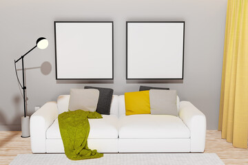 Two Interior posters mock up with empty black frame, 3d rendering