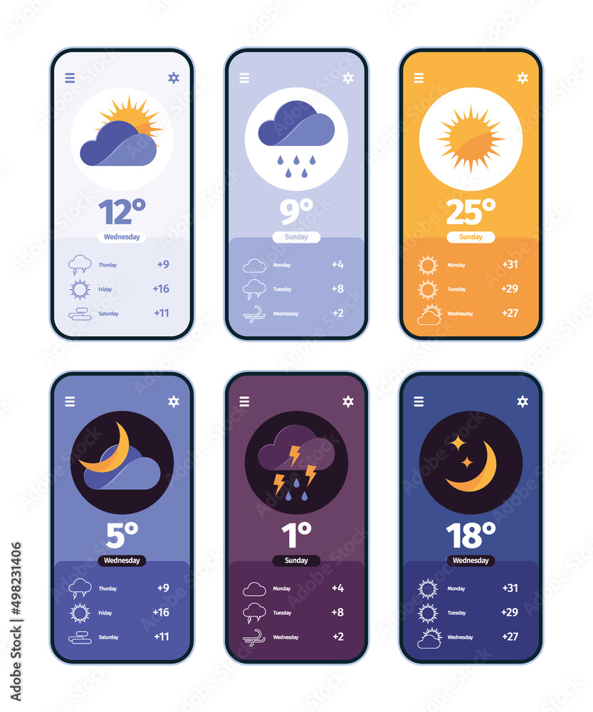 Poster weather dashboards. ui for smartphone app with weather symbols clouds rain sun garish vector templat