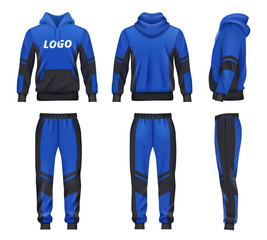 Sport wear. Casual clothes hoodie and pants for active people decent vector fashioned design templates in realistic style mockup