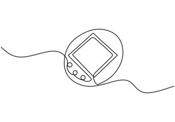 One continuous single line of vintage game console tamagochi isolated on white background.