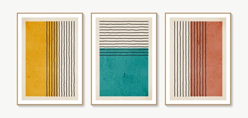 Collection of vector abstract wall art. Boho color organic shape. Artistic design for poster, print, cover, wallpaper, minimalistic and natural wall art. Vector illustration with grunge texture. © shendart