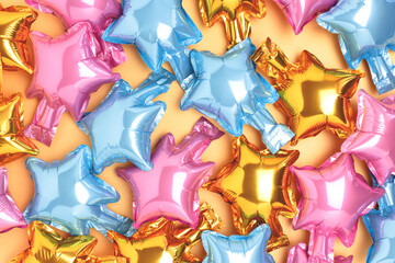 Texture made of colorful star foil balloons. Creative background.