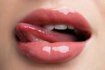 Young woman with perfect lips makeup, closeup - obrazy, fototapety, plakaty