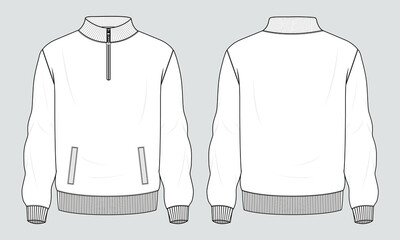Long sleeve jacket with pocket and zipper technical fashion flat sketch vector illustration template front and back views. Fleece jersey sweatshirt jacket for men's and boys.