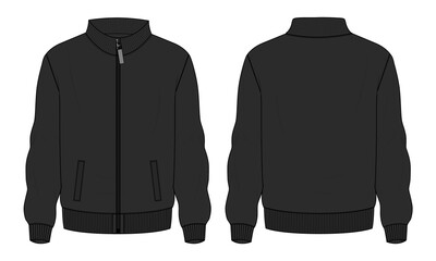 Long sleeve jacket with pocket and zipper technical fashion flat sketch vector illustration Black Color template front and back views. Fleece jersey sweatshirt jacket for men's and boys.