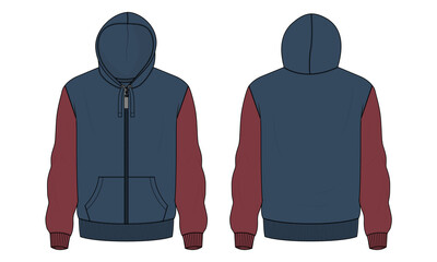 Two tone Red and Navy blue  Color Long Sleeve Hoodie technical fashion flat sketch vector illustration  template front and back views. Fleece jersey sweatshirt hoodie mock up for men's and boys.