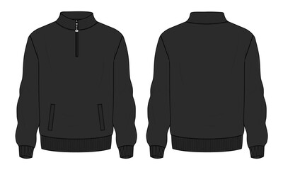 Long sleeve jacket with pocket and zipper technical fashion flat sketch vector illustration Black Color  template front and back views. Fleece jersey sweatshirt jacket for men's and boys.