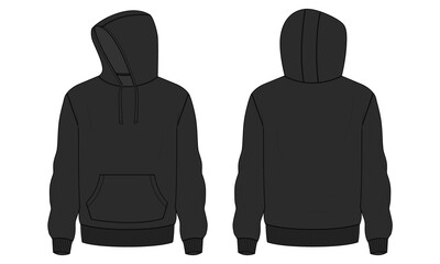 Long Sleeve Hoodie technical fashion flat sketch vector illustration Black Color  template front and back views. Fleece jersey sweatshirt hoodie mock up for men's and boys.
