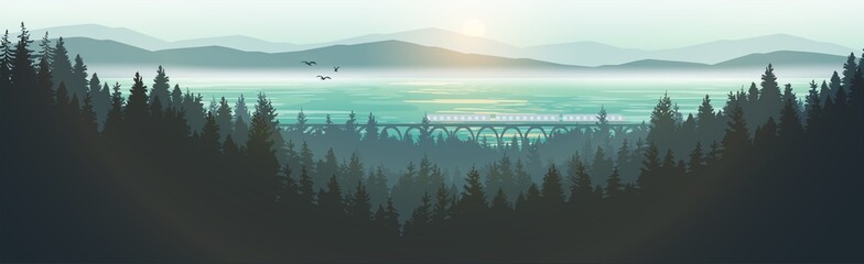 Vector illustration of a mountain landscape. A passing train offers natural scenery, mountains, pine forests and misty sea. - obrazy, fototapety, plakaty