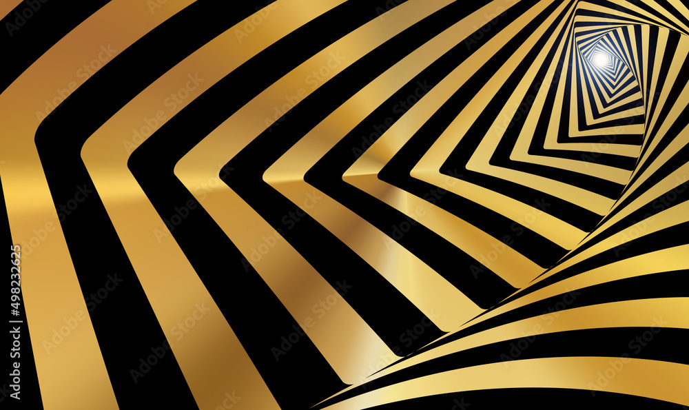Poster black and gold abstract striped background. psychedelic background. optical illusion. gold spiral vo