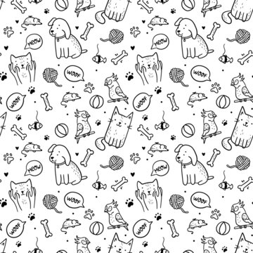 Pets, cats and dogs seamless pattern in doodle style. Cute linear vector black and white animals with toys, four-legged friends and speech balloons