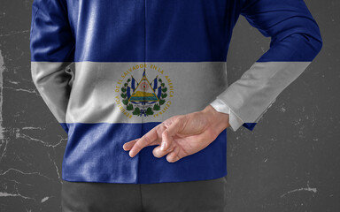 Businessman Jacket with Flag of El Salvador with his fingers crossed behind his back - 498233211