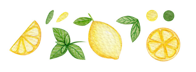 Watercolor lemon set. Cute hand drawn with fruits.