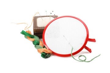 Set of embroidery equipment on white background