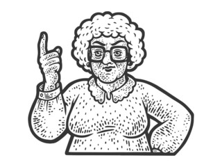 Old granny shaking her finger sketch engraving raster illustration. T-shirt apparel print design. Scratch board imitation. Black and white hand drawn image.