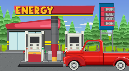 Gas station cartoon scene