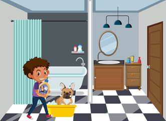 A boy washing his dog in the bathroom