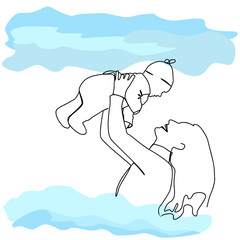 A mother with a baby in her arms is laughing happily around blue clouds. Drawing with one line.