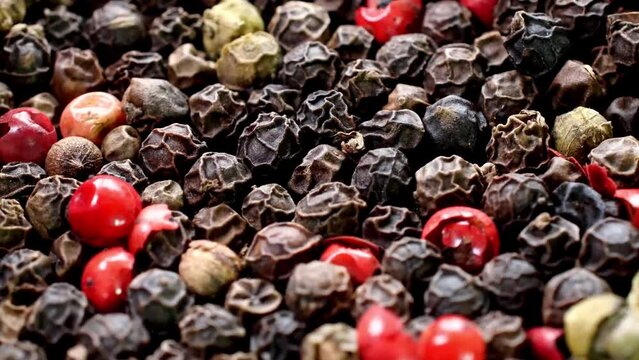 Pile of mixed dried multi colored peppercorns.