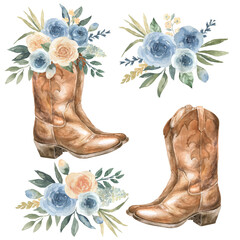 Western illustration. Cowboy boots with floral decoration