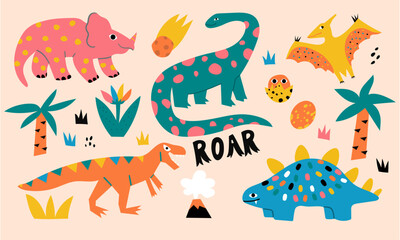Collection of various cute dinosaur characters. Vector hand drawn illustration in flat cartoon style. All elements are isolated.