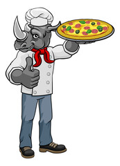 Rhino Pizza Chef Cartoon Restaurant Mascot