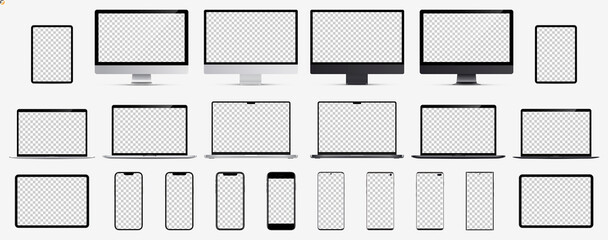 Screen mockup 2022. Smartphone 8 pc, tablet, laptop and monoblock monitor silver and black color with blank screen for you design. Vector illustration ai 10, eps 10 - obrazy, fototapety, plakaty