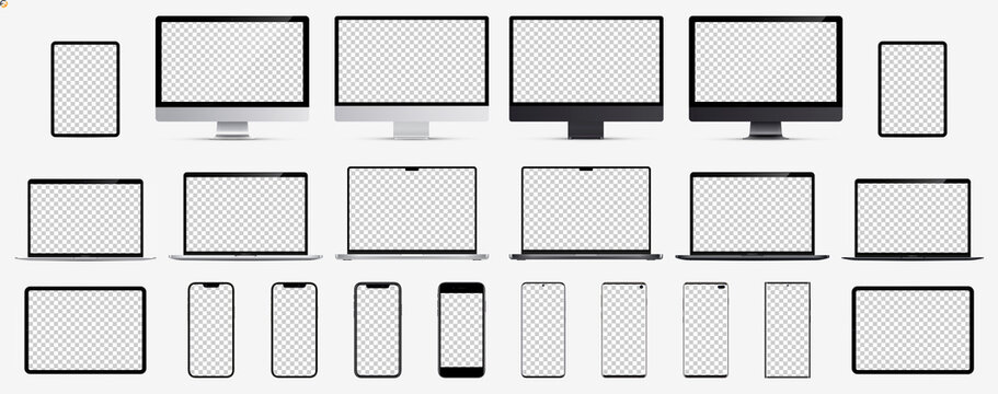 Screen mockup 2022. Smartphone 8 pc, tablet, laptop and monoblock monitor silver and black color with blank screen for you design. Vector illustration ai 10, eps 10