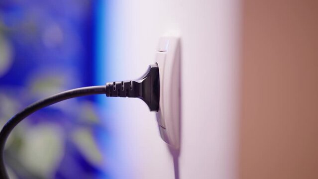 Plug in and plug out of electric outlet thick black cable close-up 4K