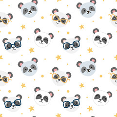 Seamless pattern with cute hand drawn panda bears. Yellow stars with soft edges. Best for textile or websites.