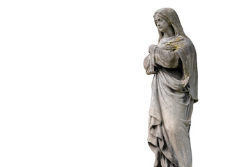 Virgin Mary statue. Ancient sculpture isolated on white background. Copy space.