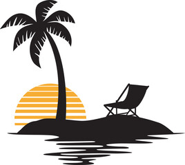 Palm Tree Sunset (Tropical Island Sunset, Summer Design, Beach Silhouette). Vector illustration. - obrazy, fototapety, plakaty