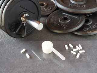 Obraz na płótnie Canvas Protein powder, glucosamine in a plastic scoop, capsules and metal barbell discs, barbell plates with kilograms, barbell on the gray floor, closeup. Concept of fitness, sports and weightlifting