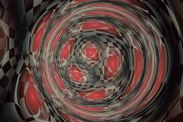 Red green swirling pattern of crooked waves on a black background. Abstract image. 3D fractal rendering