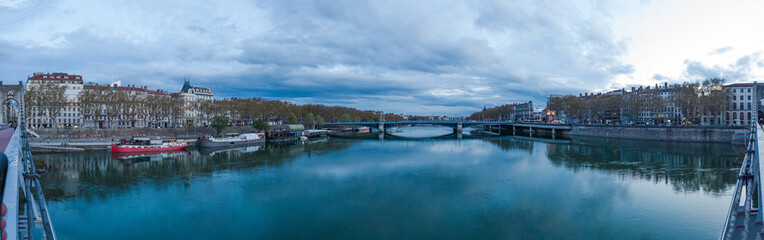 View of Lyon from the river bank Sa&ocirc;ne, historical buildings, city center. Lyon France