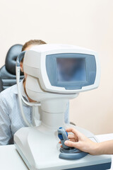 ophthalmologist medical patient. Eye clinic treatment. Hospital optics equipment. Choosing vision...