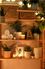 Wooden shelving unit with green plants and different accessories indoors. Interior design