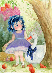 Little girl and goose in garden. Cartoon characters design. Watercolor illustration