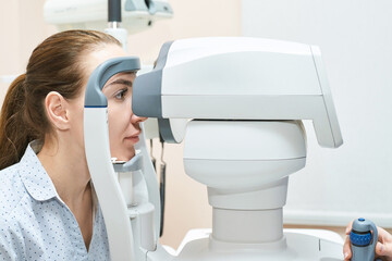 ophthalmologist medical patient. Eye clinic treatment. Hospital optics equipment. Choosing vision...